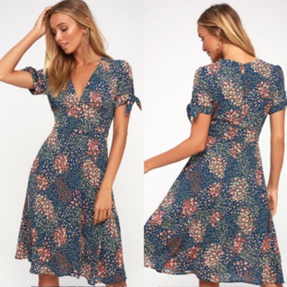 Lulus Austyn Navy Blue Floral Print Tie-Sleeve Midi Fit & Flare Dress - S - Picture 1 of 13